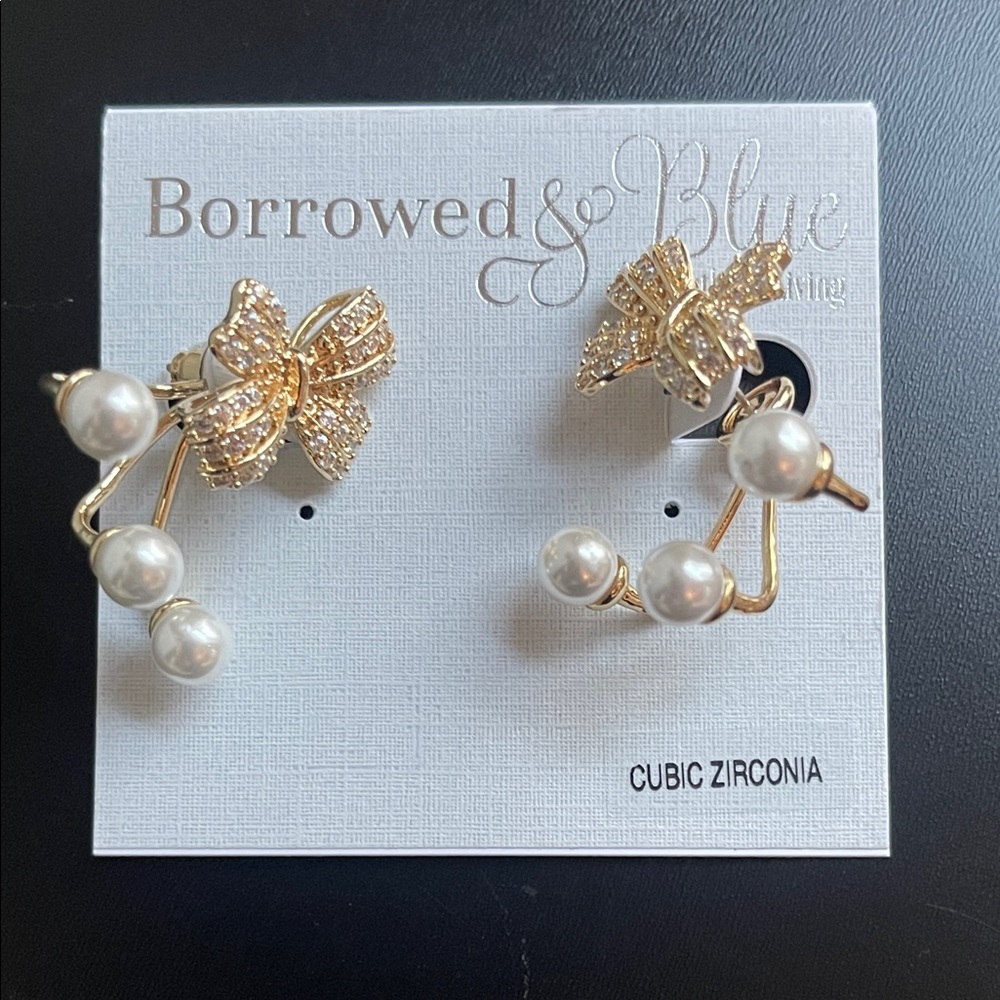 Borrowed & Blue cubic zirconia bow and pearl dangle earrings New